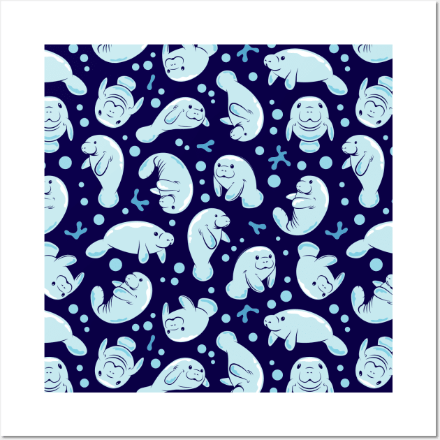 Cute Manatee Blue Pattern Wall Art by bangtees